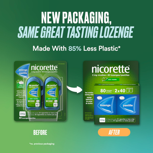 Nicorette Nicotine Lozenge, New packaging made with 85% less plastic